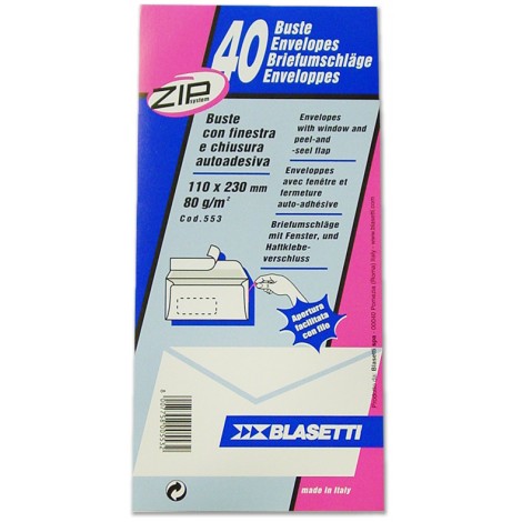 Blasetti Buste bianche 80gr, apertura zip con filo, finestra 4x10cm, internografate 11x23 40pz - C92BS0102