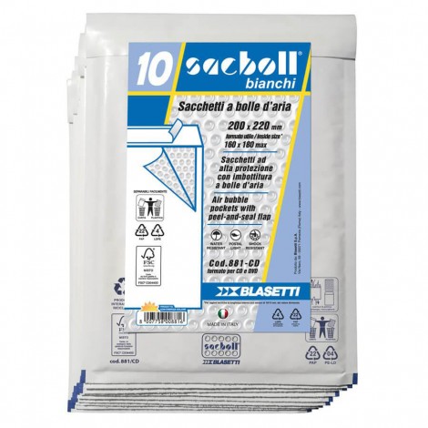 Sacboll CD, sacchetto a bolle, formato esterno 20x22cm, formato interno 16x18cm, imbottito con pluriboll, polietilene a bolle, termosaldato su tre lati - 10pz