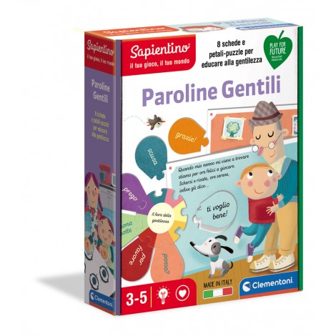 Un gioco per conoscere la magia delle paroline gentili e il loro effetto su di noi. Otto scene in cartone double-face con situazioni quotidiane familiari al bambino: sul fronte un`immagine evocativa e una filastrocca con l`ultima parola mancante.