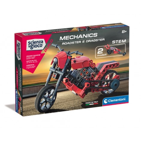 Un kit scientifico made in Italy con cui divertirsi ad assemblare una moto Roadster o un dragster! Il kit contiene altre 130 pezzi per costruire 2 diversi modelli dotati di meccanismi a trasmissione. Il manuale illustrato permette di assemblare la moto roadster passo dopo passo.