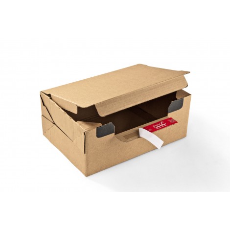 Scatola in cartone speciale E-COMMERCE, sistema POP-UP per montare e modulare, con doppio adesivo per il DIRITTO DI RESO, dimensioni interne 18,4x14,9x12,7cm