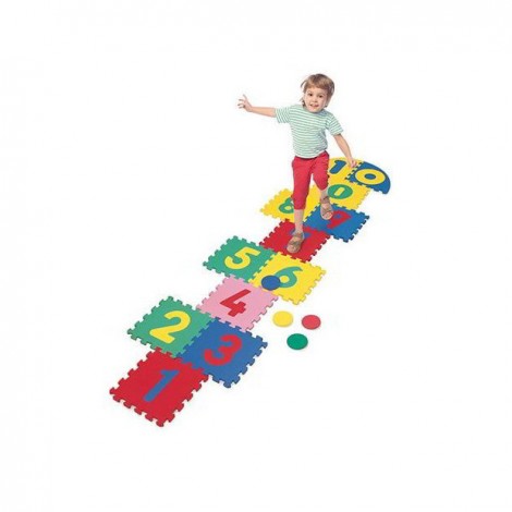 Tappeto Puzzle Maxi in eva numerati, 10 mattonelle + 2 dischetti, dimensione 30x30cm