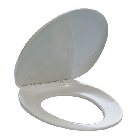 Sedile universale per WC in PPL. Dotato di fissaggi regolabili per adattarsi alla maggior parte dei water (distanza fori da 8,5 a 17,5cm)