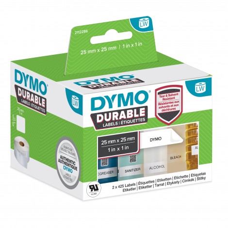 Rotolo 850 etichette adesive permanenti rivestite in plastica (25mmx25mm), resistono al distacco da abrasione, calore, umidità, solventi e detergenti, rendendole ideali per scaffalature, marcatori per pavimenti e stoccaggio di prodotti chimici.