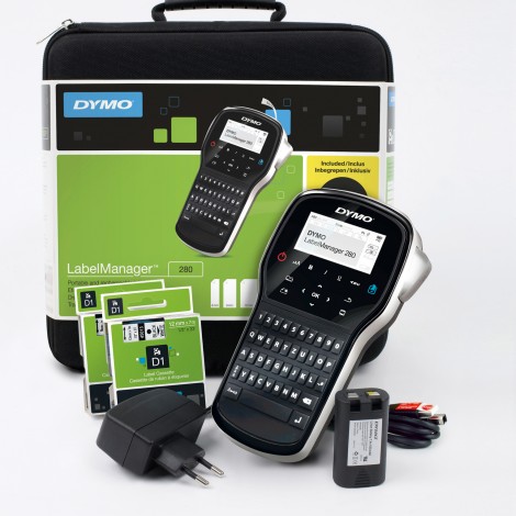Etichettatrice portatile LABEL MANAGER 280, KIT contenente una batteria agli ioni di litio ricaricabile, cartuccia di etichette D1 12mm nero su bianco e D1 9mm nero su trasparente ,caricatore, cavo USB e custodia per il trasporto