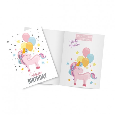 Lebez Biglietto augurale per compleanno decorato con particolari argentati e busta colorata, formato biglietto 11,5x17cm, 4 soggetti assortiti - 81325