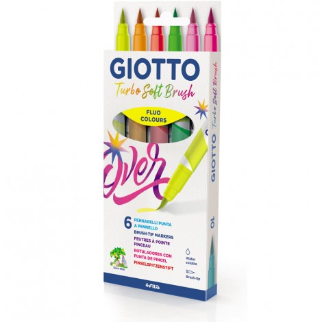 Astuccio con 6 pennarelli, inchiostro a base d`acqua, punta in pennello flessibile, colori fluo