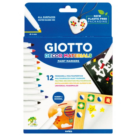 Astuccio con 12 pennarelli a base acqua per materiali come cartoncino, legno, vetro, cuoio, plastica, sassi, e Das