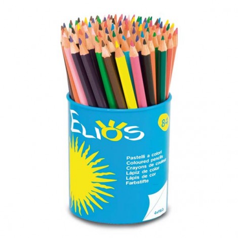 Astuccio con 84 pastelli esagonali, verniciato nel colore della mina, lunghezza 18cm tratto 2,8cm colori assortiti