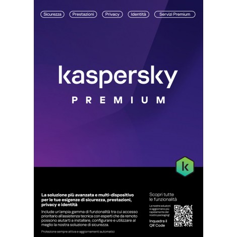 Kaspersky Piano di sicurezza Premium, offre anti-virus pluripremiato, protezione per la privacy e l`identità, ottimizzazione delle prestazioni e vantaggi premium indispensabili: VPN illimitata, Archivio e strumento di gestione delle password e assistenza IT remota - KL1047T5EFS-SLIM