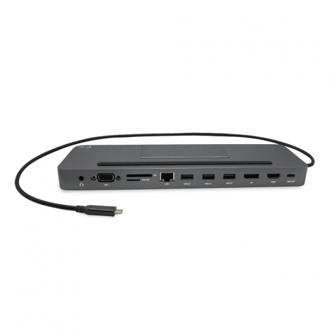 1x DIsplayPort, 1x HDMI & 1x VGA che supportano fino a tre display esterni o un singolo display 4K/30Hz. macOS supporta solo un singolo display esteso, 4 porte USB di cui 2 USB-A 3.0 e 2 USB-A 2.0, oltre a slot per schede SD e mSD
