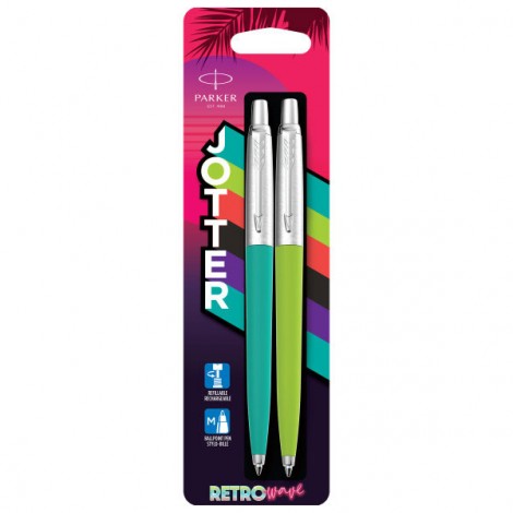 Jotter Original 80s Retrowave - Penna a sfera con fusto in plastica blu caraibi e verde mela e dettagli cromati colore blu  - 2pz