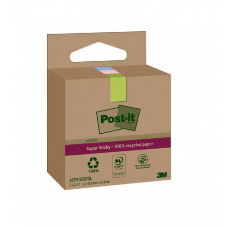 Foglietti Post-it® Super Sticky 622 RSS3COL in Carta Riciclata al 100%