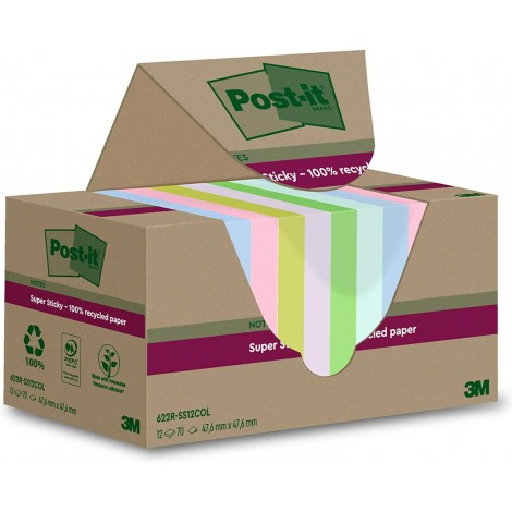 Foglietti Post-it® Super Sticky 622 RSS12COL in Carta Riciclata al 100%