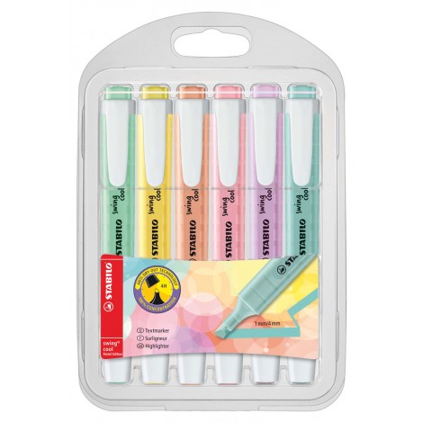 Evidenziatore SWING COOL PASTEL, punta a scalpello, inchiostro a base d`acqua e cappuccio ventilato, resistente fino a 24h colori assortiti