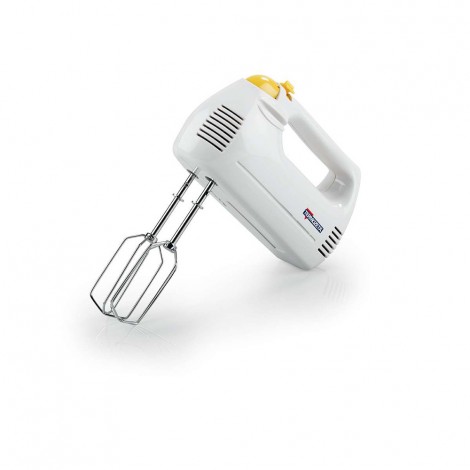 Sbattitore con impugnatura ergonomica. Dotato di 2 fruste ad anelli per sbattere, miscelare, emulsionare e di 2 fruste a spirale per impastare. 5 velocita? - potenza 150W, alimentazione: 230V-50Hz