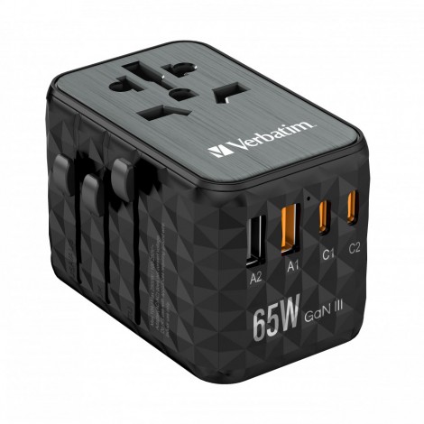 Verbatim Adattatore da viaggio universale GaN III 65 W unisce due porte USB-C PD 65 W e QC 4+ e due porte, una USB-A QC 3.0 fino a 60 W e una seconda fino a 5 W (UE/UK/USA) - 32120