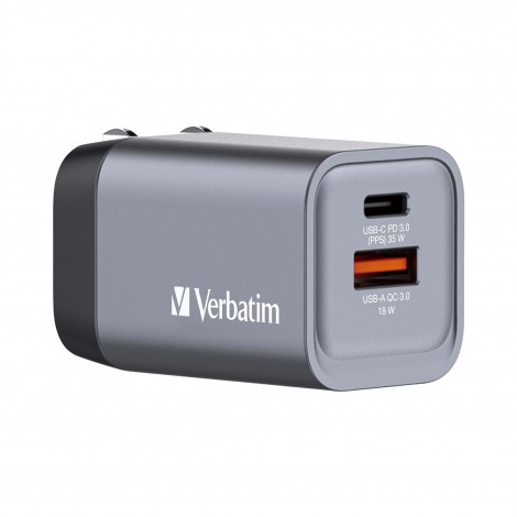 Il caricabatteria da parete GaN 35 W di Verbatim unisce una porta USB-C PD 35 W e una porta USB-A QC 3.0 (UE/UK/USA)