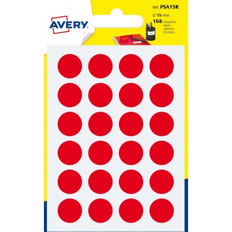 Avery Etichette adesive in fogli - Multiuso rotonde - 168 etichette adesive permanenti scrivibili a mano, Ø15mm, 24 etichette per foglio, 7 fogli colore rosso - 1pz