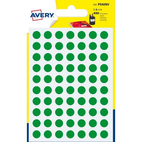 Avery Etichette adesive in fogli - Multiuso rotonde - 420 etichette adesive permanenti scrivibili a mano, Ø8mm, 70 etichette per foglio, 6 fogli colore verde - 1pz
