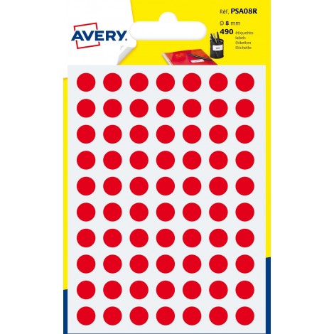 Avery Etichette adesive in fogli - Multiuso rotonde - 420 etichette adesive permanenti scrivibili a mano, Ø8mm, 70 etichette per foglio, 6 fogli colore rosso - 1pz