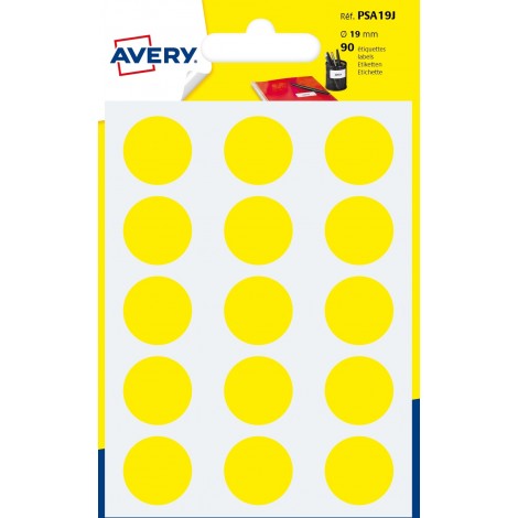 Avery Etichette adesive in fogli - Multiuso rotonde - 90 etichette adesive permanenti scrivibili a mano, Ø19mm, 15 etichette per foglio, 6 fogli colore giallo - 1pz