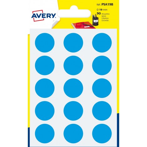 Avery Etichette adesive in fogli – Multiuso rotonde –  90 etichette adesive permanenti scrivibili a mano, Ø19mm, 15 etichette per foglio, 6 fogli colore blu - 1pz