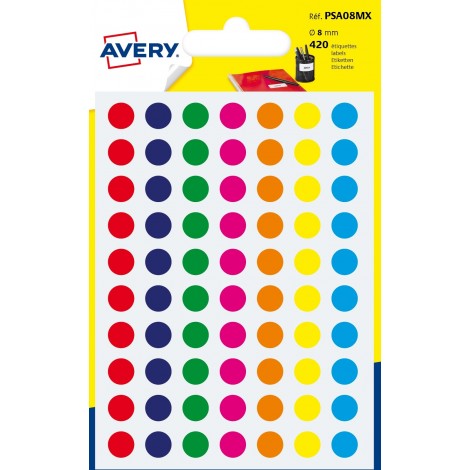 Avery Etichette adesive in fogli – Multiuso rotonde – 420 etichette adesive permanenti scrivibili a mano, Ø8mm, 70 etichette per foglio, 6 fogli colori assortiti - 1pz