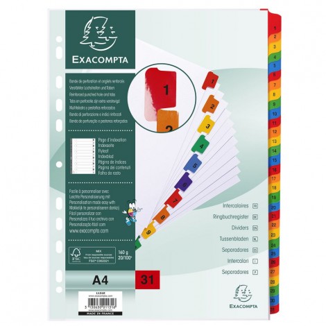Exacompta Intercalari plastificati 31 tasti 31-1, col. assortiti - Divisore in cartoncino con foratura universale, dotato di pagina indice frontale e tasti colorati e numeri stampati in nero, formato A4, 160gr - 1pz