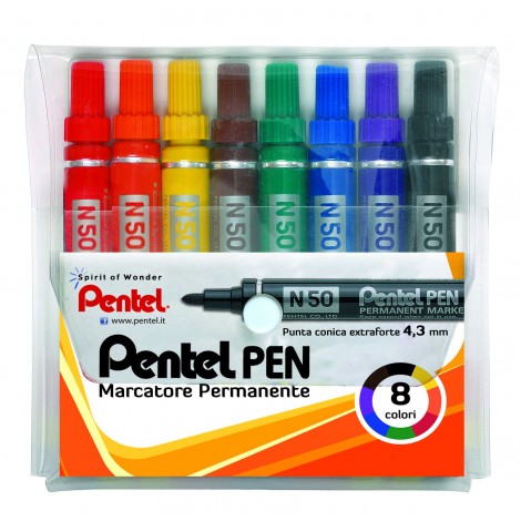 Pentel N50 - Marcatore permanente con inchiostro a base d`olio, punta 4,3mm colori assortiti - 8pz