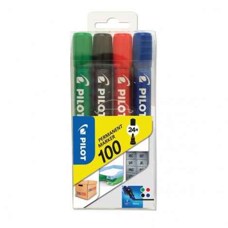 Pilot Marker 100/400 - Marcatore permanente multisuperficie con inchiostro a base d`alcool, punta 4,5mm colori assortiti - 4pz