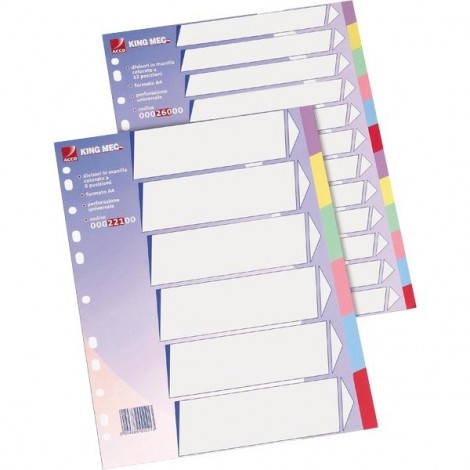 King Mec Divisori Manilla, 6 tasti - Divisori in cartoncino con foratura universale, dotato di pagina indice frontale prestampato e tasti colorati, formato A4 - 1pz