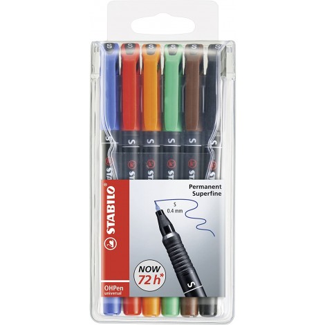 Stabilo OHPen - Pennarello per lucidi e superfici lisce, inchiostro permanente, punta superfine tratto 0,4mm colori assortiti  - 6pz