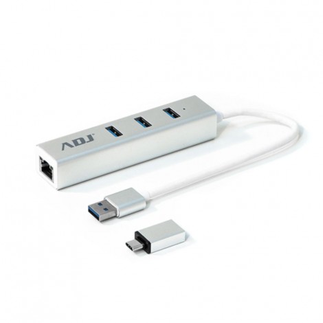Hub HB195 multiporta USB, 3 porte USB 3.0 + 1 porta RJ45 - cavo con connettore USB 3.0 e adattatore per USB tipo C - 1pz