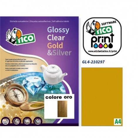 Tico Etichette adesive in fogli A4 - 100 etichette adesive permanenti, (210x297mm), 188gr, 1 etichetta per foglio - 100 fogli colore oro satinato