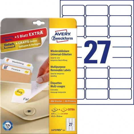 Avery Etichette adesive in fogli A4 - 625 etichette adesive bianche rimovibile (63,5x29,6mm), 25 etichette per foglio - 25 fogli