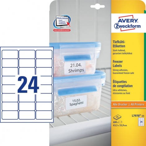 Avery Etichette adesive per freezer - 600 etichette adesive bianche permanenti (63,5x33,9mm), 24 etichette per foglio - 25 fogli