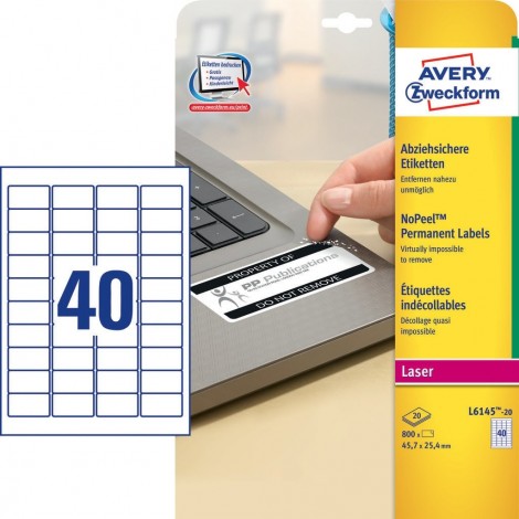 Avery Etichette adesive in fogli A4 - 800 etichette adesive permanenti, anti manomissione (45,7mmx25,4mm), 200gr, 40 etichette per foglio - 20 fogli