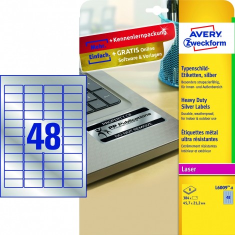 Avery Etichette adesive in fogli A4 - Apparecchi elettronici - 4800 etichette adesive permanenti (45,7mmx21,2mm), 48 etichette per foglio - 100 fogli colore argento