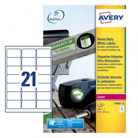 Avery Etichette adesive in fogli A4 – Apparecchi elettronici – 420 etichette adesive permanenti (63,5mmx38,1mm), 21 etichette per foglio - 20 fogli colore bianco
