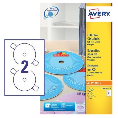 Avery Etichette adesive in fogli A4 - Per CD/DVD - 50 etichette adesive permanenti opache, Ø 117mm, 120gr, 2 etichette per foglio - 25 fogli colore bianco