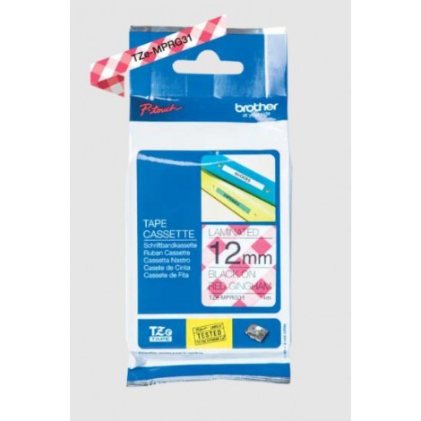 Nastro tipo TZe per PT-H500 12mm x 4m, nero su motivo a quadretti rossi