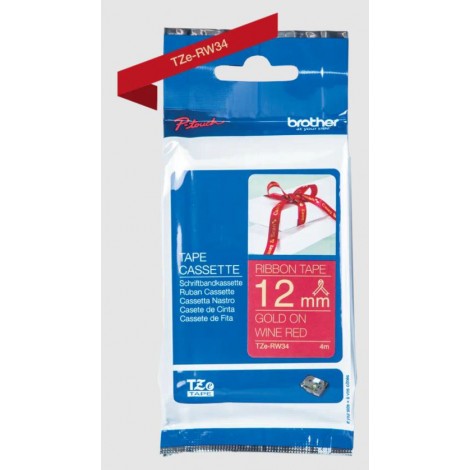 Nastro in tessuto tipo TZe per PT-H500 12mm x 4m, oro su rosso vino