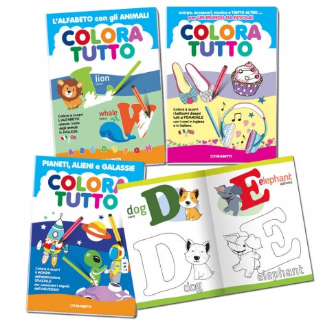 Album con 12 fogli da colorare, A4, 3 diversi motivi: Alfabeto inglese – Bimba – Spazio