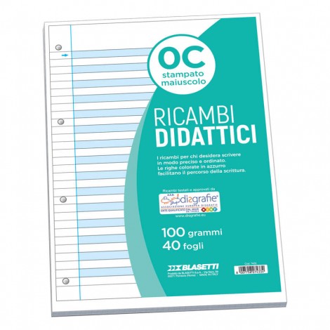Ricambi forati per DISGRAFIA - Fogli di ricambi bianchi, 40 fogli righe con margine A4 - 1pz