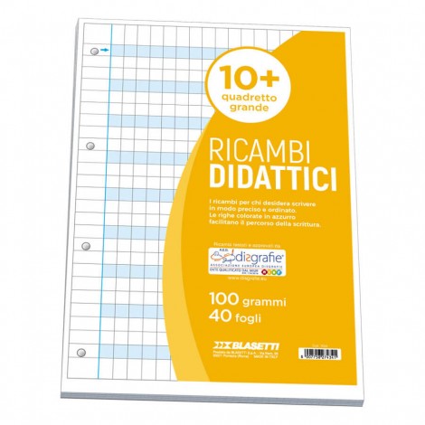 Ricambi forati per DISGRAFIA –  Fogli di ricambi bianchi, 40 fogli quadretti 10mm con margine A4 - 1pz