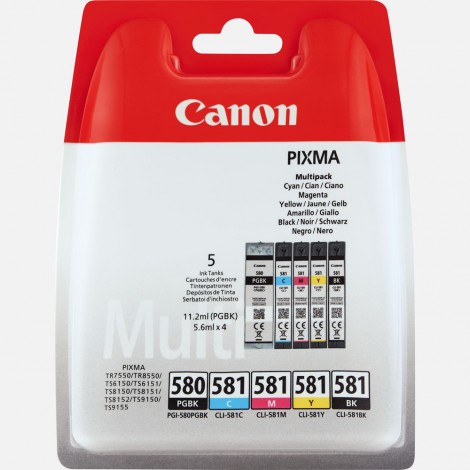 PGI580PGBK CLI581 cartuccia multipack CMYK - Cartuccia inchiostro nero, ciano, magenta, giallo e nero per PIXMA TS 6150 (1x11,2ml - 4x7ml) 1Conf.