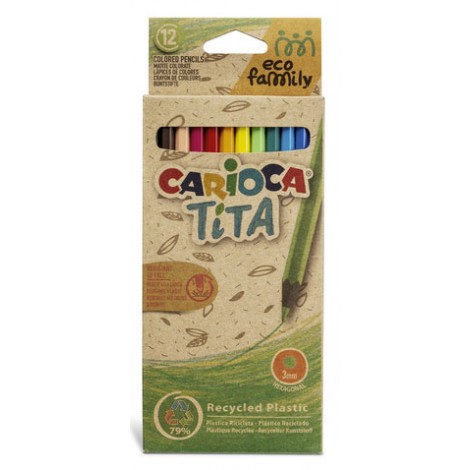 Astuccio pastelli TITA ECOFAMILY - Astuccio con 12 matite colorate realizzate con un 79% di plastica riciclata, colori brillanti e lavabili, non si scheggia non si rompe