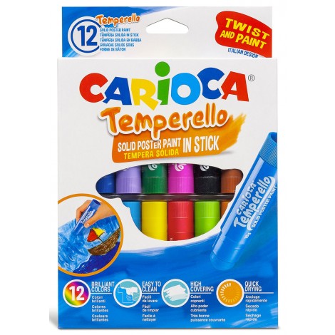 Tempere in stick TEMPERELLO - Tempere in stick per carta, cartoncino, legno e cartone, colori brillanti, lavabili mescolabili tra loro, finitura satinata 12pz