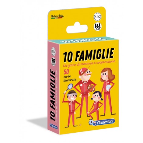 Carte 10 Famiglie - Il popolare gioco di memoria per bambini "Famiglie" si colora di una veste nuova, con 40 carte illustrate che rappresentano 10 simpatiche famiglie tutte da riunire. Ogni famiglia è composta da 2 genitori e 2 bambini ed è contraddistinta da una particolare caratteristica: da quella sportiva, a quella che ama stare in montagna, fino a quella che adora la musica. Lo scopo del gioco è riunire tutti i 4 componenti di ciascuna famiglia e vince chi riesce a formarne il maggior numero.